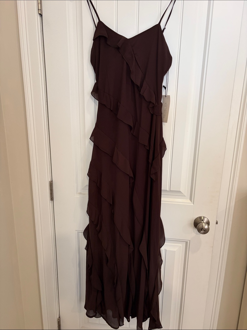 Rachel Zoe Ruffled Spaghetti-Strap Maxi Dress in Deep Brown
